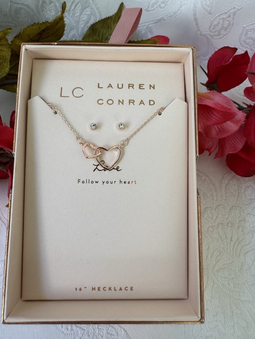 LC Lauren Conrad Gift Set 16" 2 Heart Charm Necklace & Earrings CZ Goldtone NEW